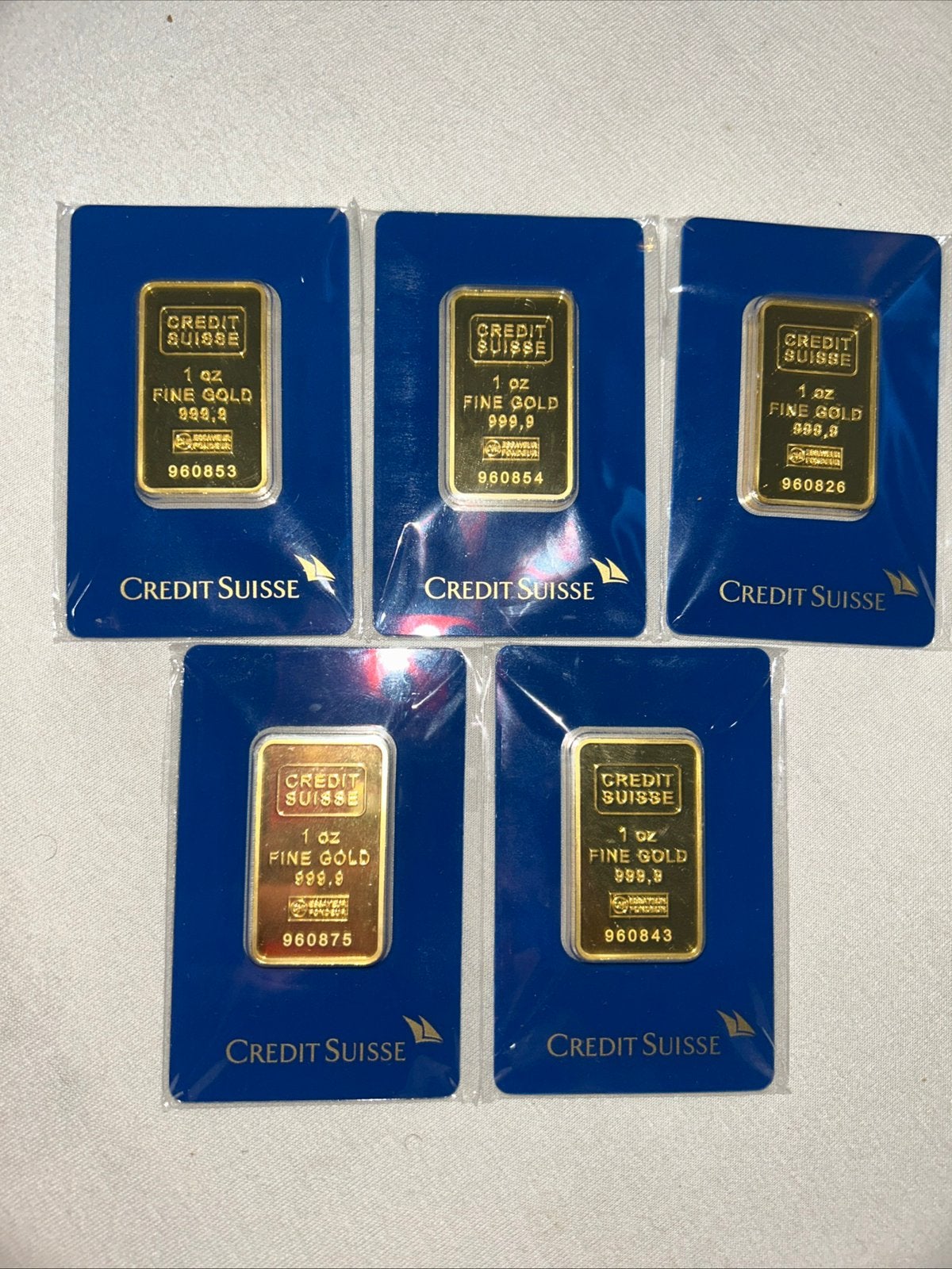 5 lingots d'or fin 999,9 de 1 oz du Credit Suisse, Enlèvement ou Envoi, Or