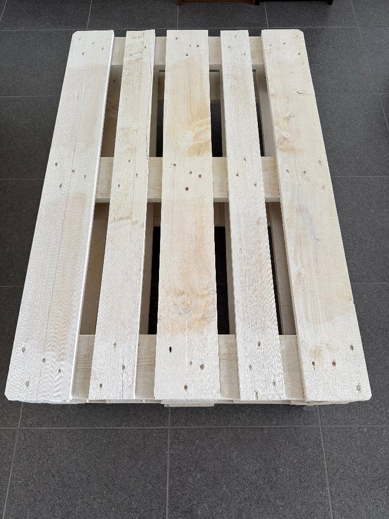 Salontafel op wieltjes, witte pallets, Huis en Inrichting, Ophalen, 50 tot 100 cm, Zo goed als nieuw, 100 tot 150 cm