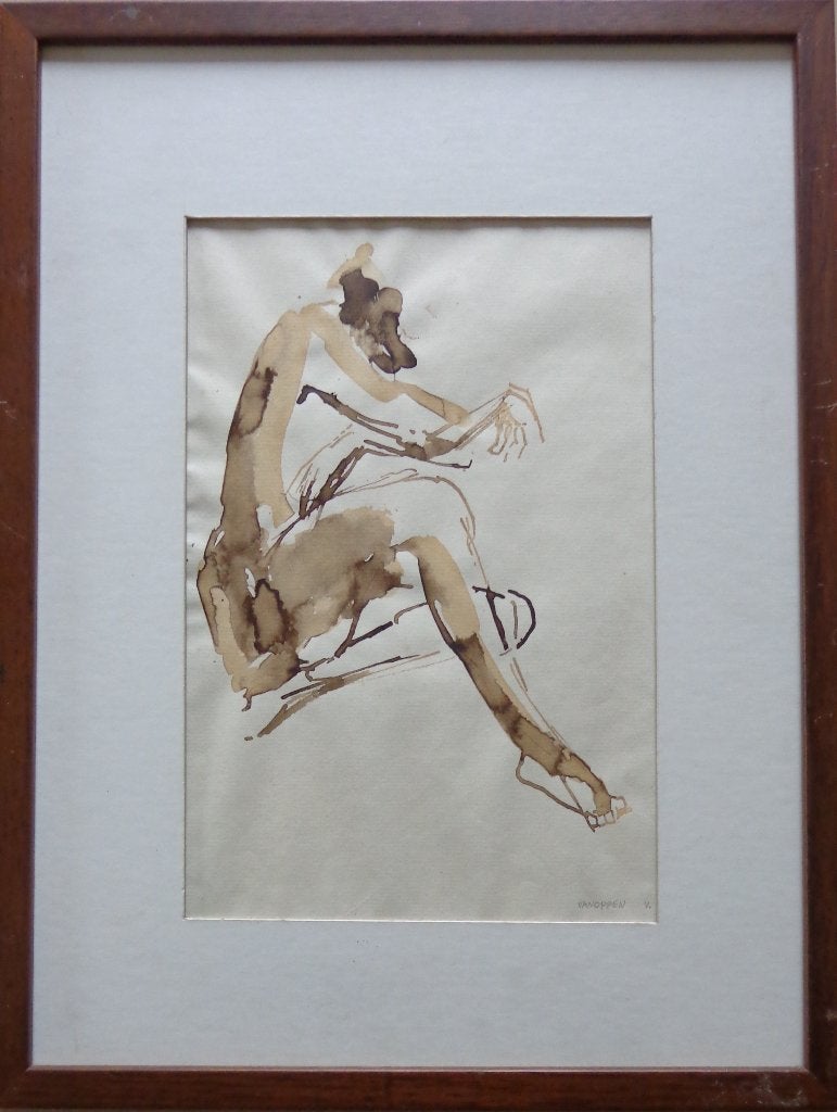 VIVIANNE VANOPPEN / NAAKTE VROUW / ORIGINEEL / 42x32cm KADER, Figuren, Papier/karton, Ophalen of Verzenden, Gemengde techniek