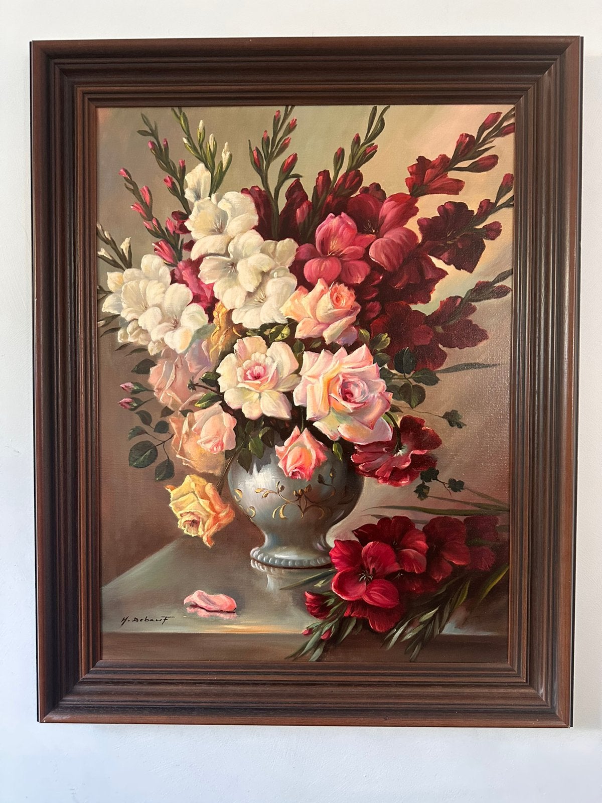 Groot vintage bloemenschilderij – Hugo Debeuf – olie op doek, Ophalen of Verzenden, Vintage, Gesigneerd, Doek