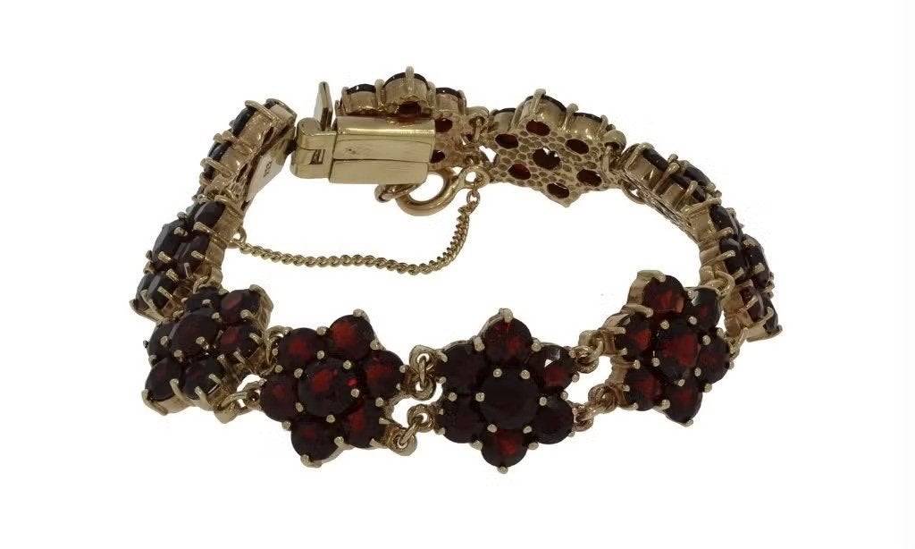 Granaat bootjes gouden armband vintage klassiek edelsteen, Ophalen of Verzenden, Zo goed als nieuw, Goud, Met edelsteen