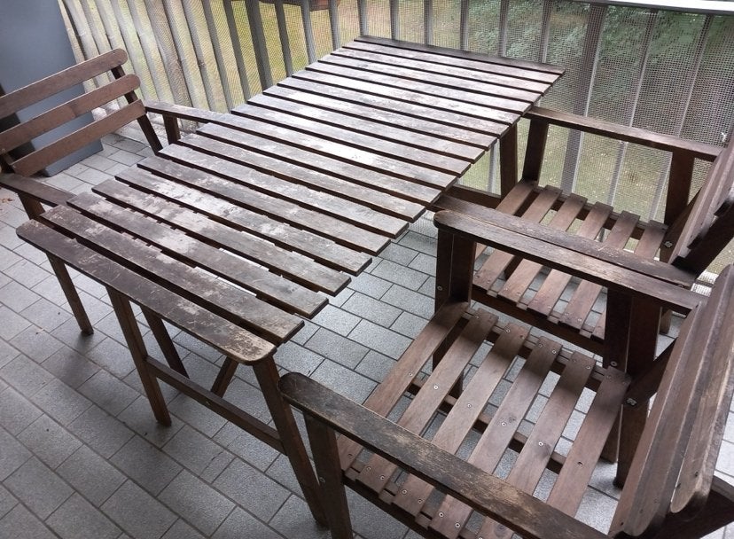 Table + 3 fauteuils de terrasse/jardin, Jardin & Terrasse, Ensembles de jardin, 5 places, Enlèvement, Utilisé, Bois