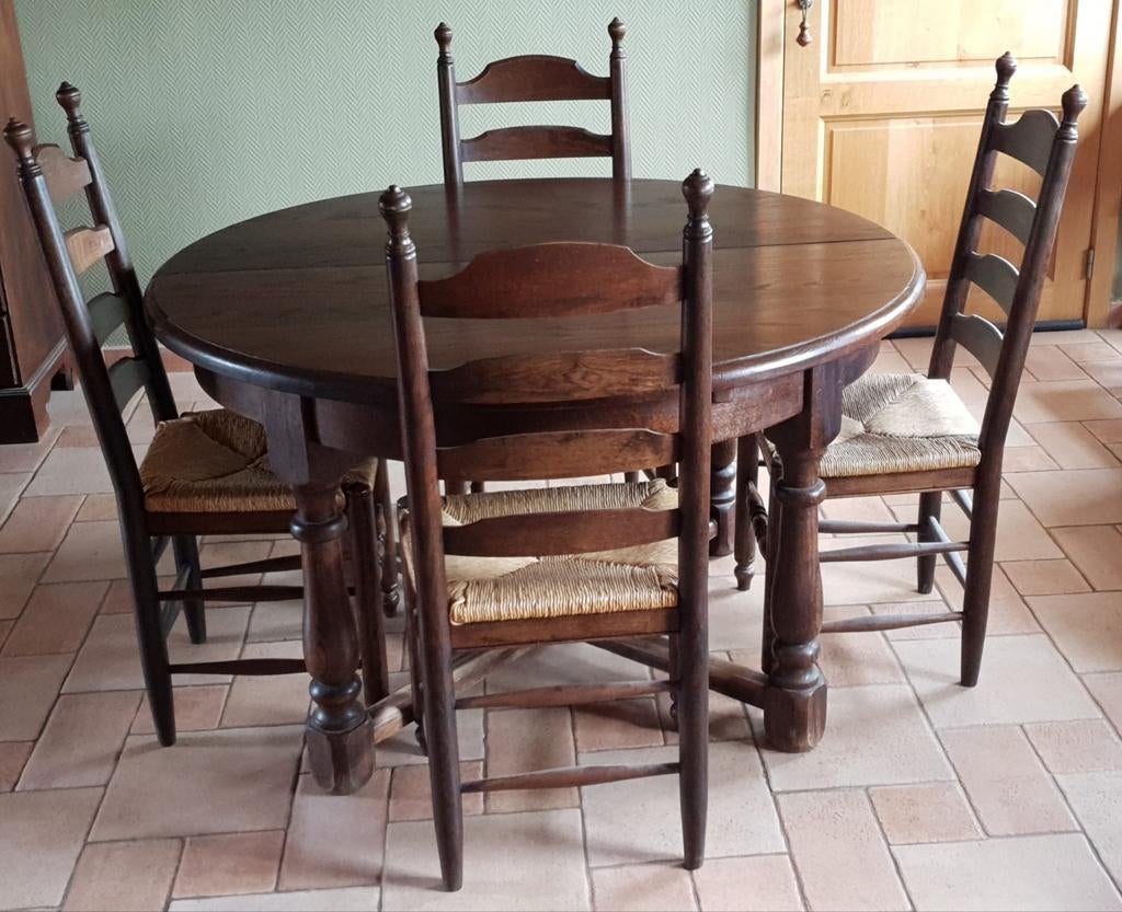 Massief eiken uitschuifbare eettafel incl. 6 stoelen, Huis en Inrichting, Tafels | Eettafels, Ophalen, Gebruikt, 150 tot 200 cm