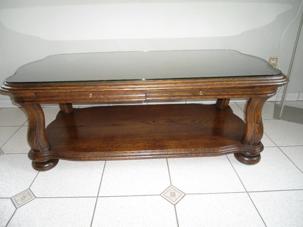 massief eiken (kopie antiek) salontafel met 2 laden, Ophalen, Glas