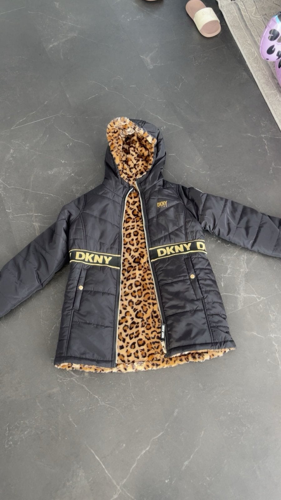 DKNY Jeans Winterjas Meisje – Zwart met Luipaardprint, Ophalen, Nieuw, Maat 48/50 (M), Zwart