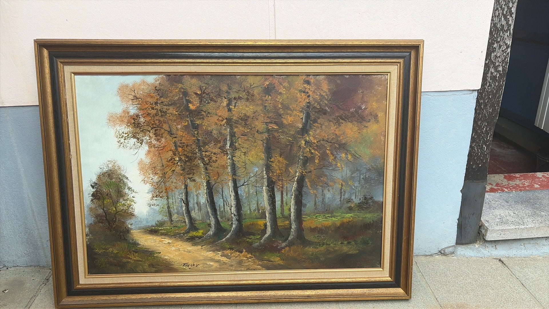 Herfstbos schilderij in sierlijke houten lijst, Antiek en Kunst, Ophalen