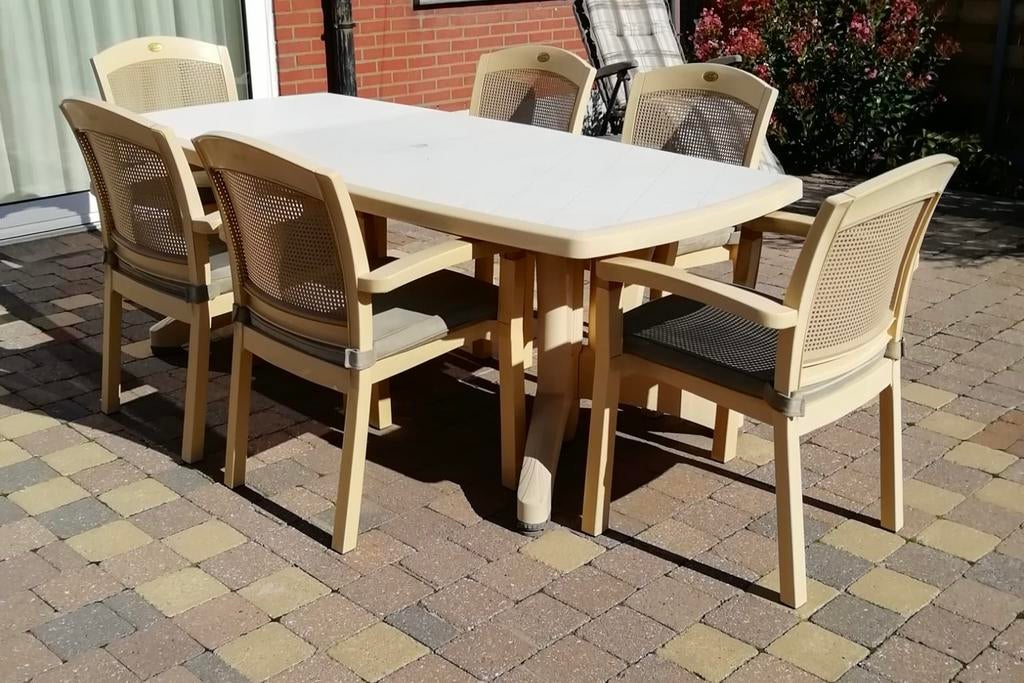 Tuinset Hartman Prestige tafel + 6 stoelen + verlengstuk, Tuin en Terras, Ophalen, Kunststof, Gebruikt, 6 zitplaatsen
