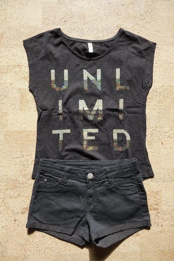 zwart t-shirt CKS met zwarte short maat 164, Kinderen en Baby's, Kinderkleding | Maat 164, Gebruikt, Meisje, Cks en c&a, Ophalen of Verzenden