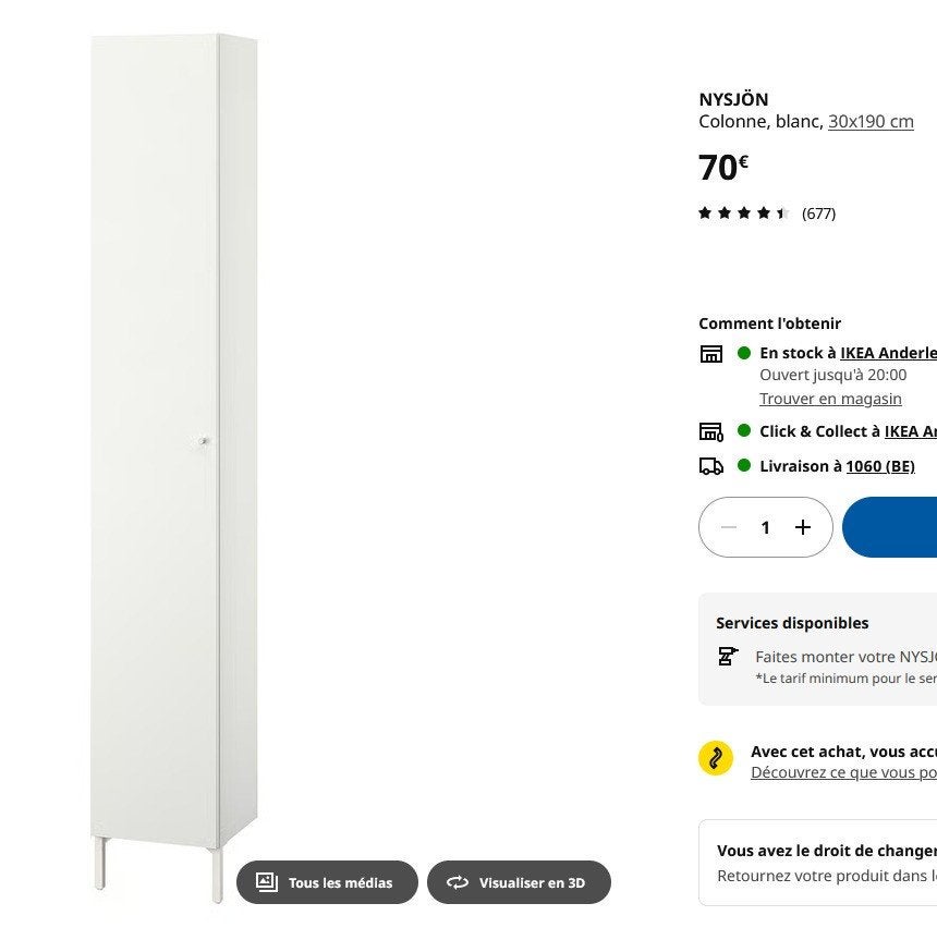 Colonne salle de bain- IKEA, Maison & Meubles, Armoire à miroir, Comme neuf, Moins de 50 cm, 150 à 200 cm