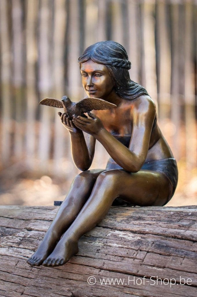 Vrouw met vogeltje, bronzen beeld, Ophalen of Verzenden, Brons