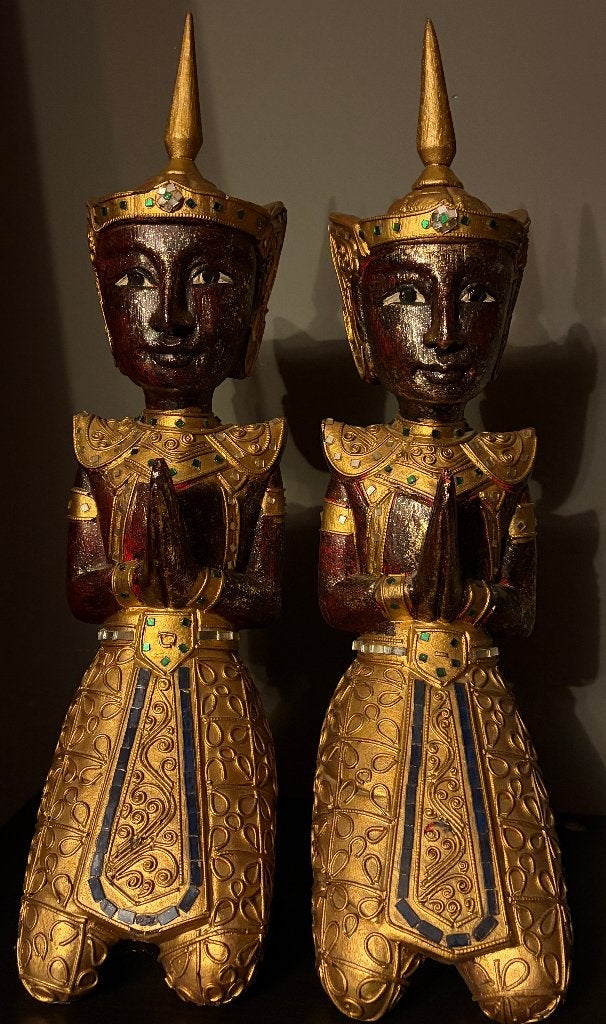 Rare Paire de Grands Gardes du Temple en Bois, Antiquités & Art, Art | Art non-occidental, Bois, 50 cm, Or, Autres origines