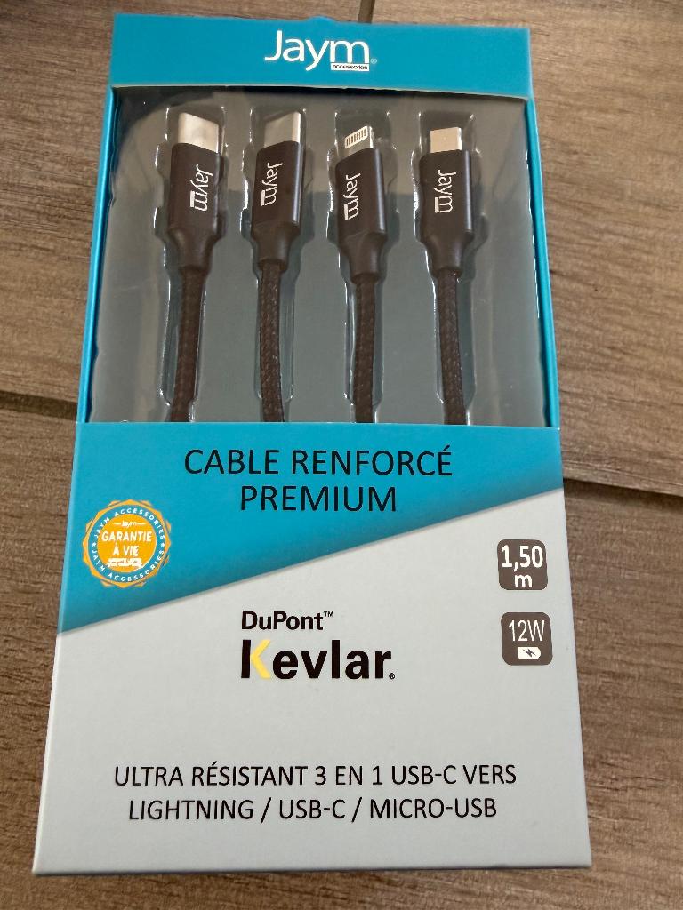 Jaym 3-in-1 Kevlar Kabel - 1,5m - USB-C naar Multi (Nieuw), Télécoms, Téléphonie mobile | Chargeurs pour téléphone, Enlèvement