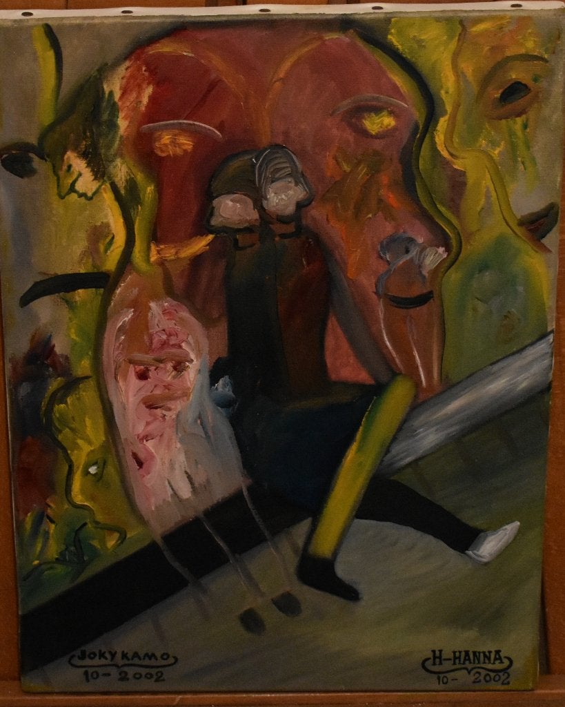 Abstract schilderij aan beide zijden, gesigne joky kamo 2002, Antiek en Kunst, Kunst | Schilderijen | Modern, Ophalen