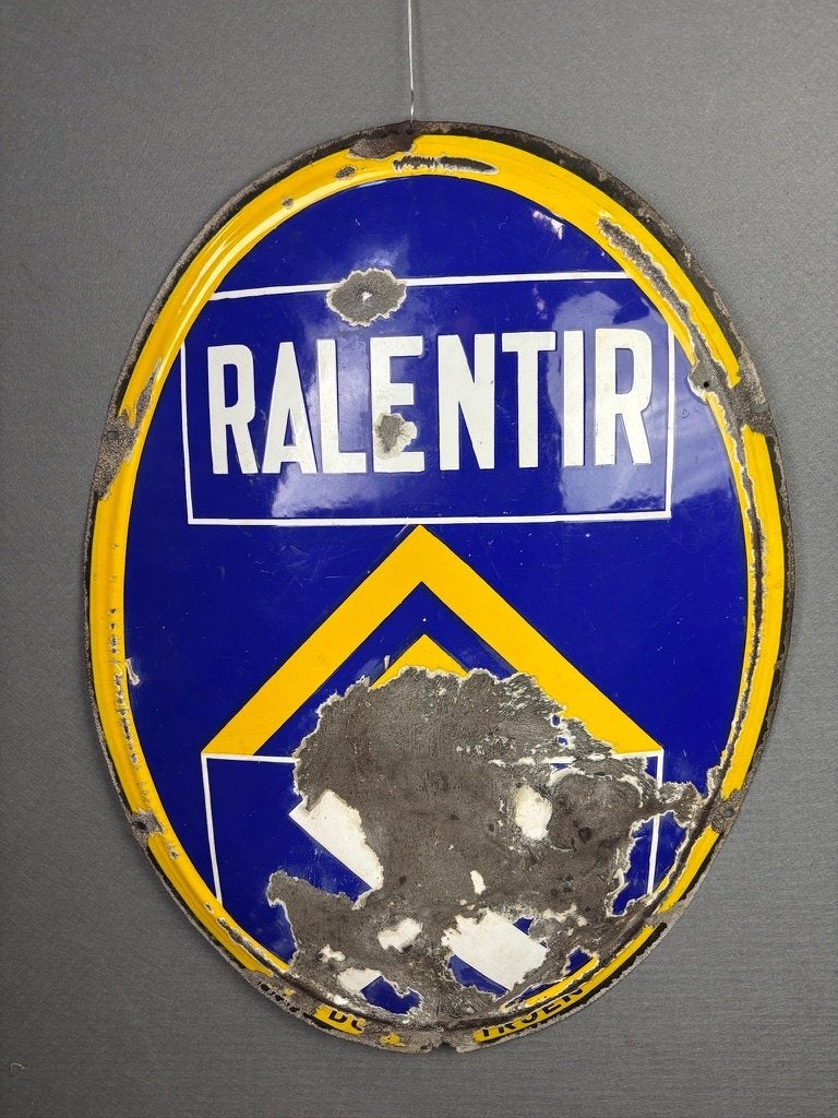 Ovaal Citroen verkeersbord Ralentir ca 1920, Verzamelen, Ophalen of Verzenden, Gebruikt, Reclamebord