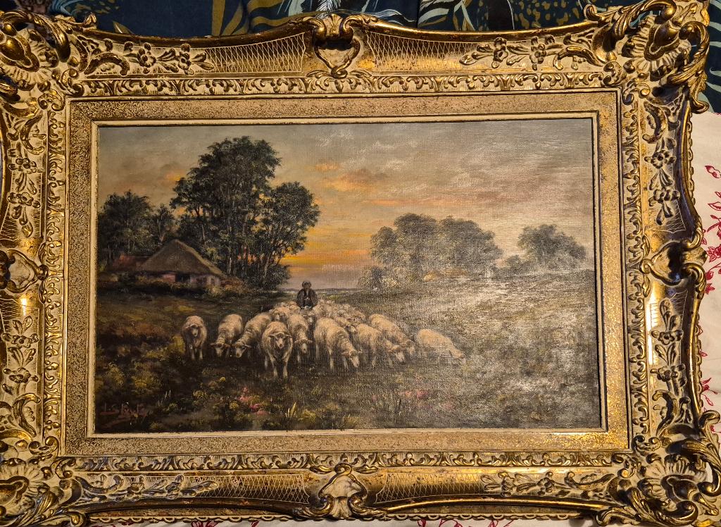 schilderij van herder met zijn kudde schapen, Antiek en Kunst, Ophalen of Verzenden