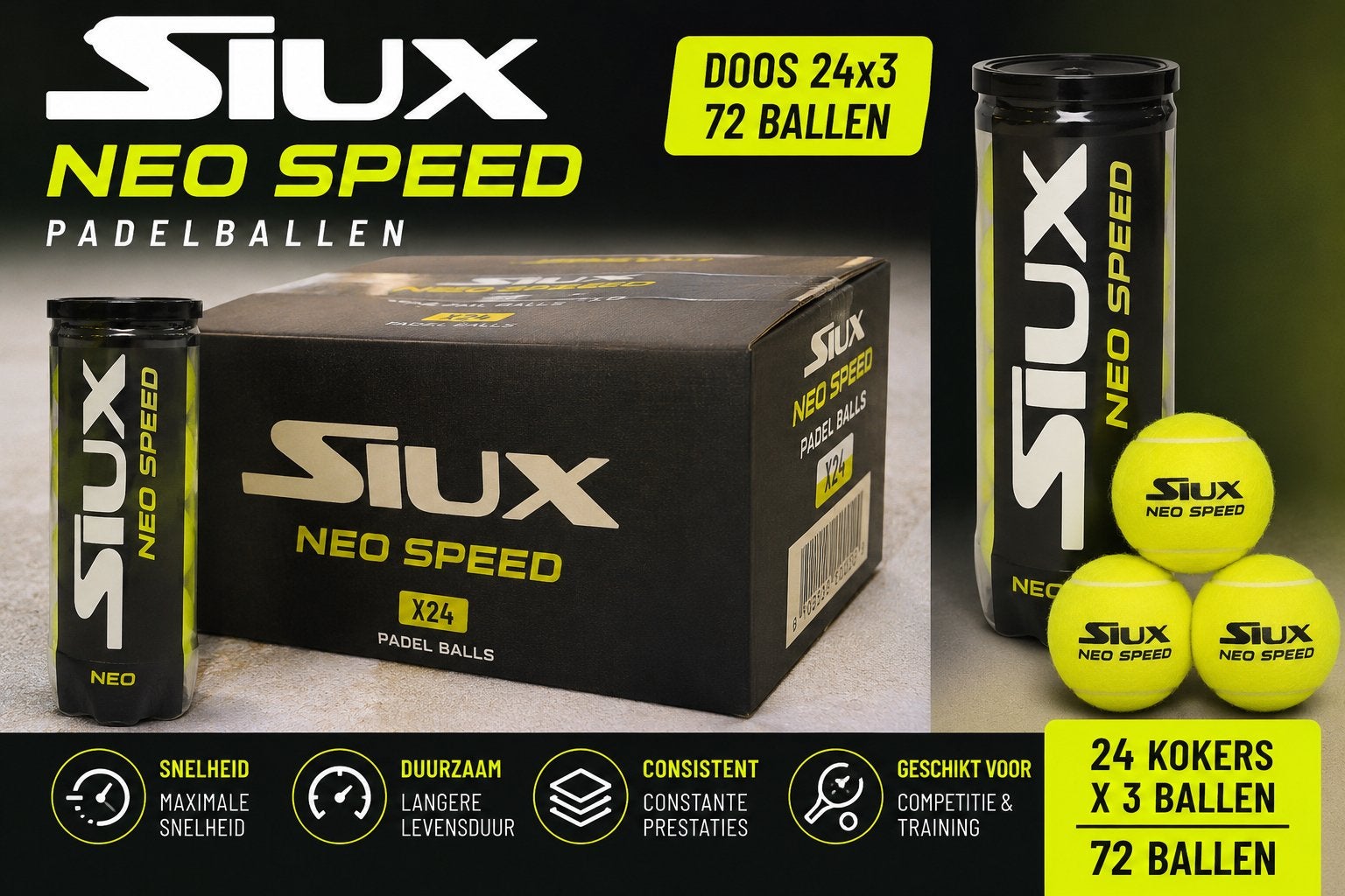 Te Koop: Siux Neo Speed Padelballen – Doos 24x3 (72 ballen), Enlèvement, Neuf, Balles de padel