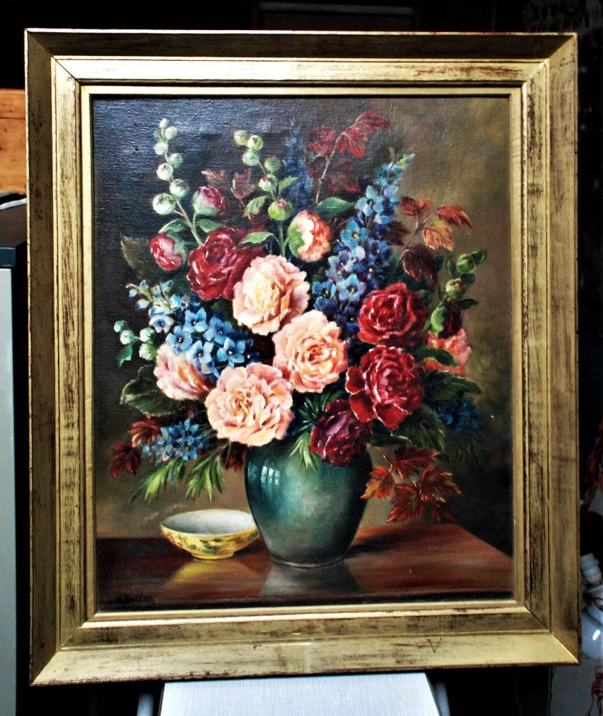 TABLEAU FLEURS, Signé, Enlèvement, Fleurs, Toile