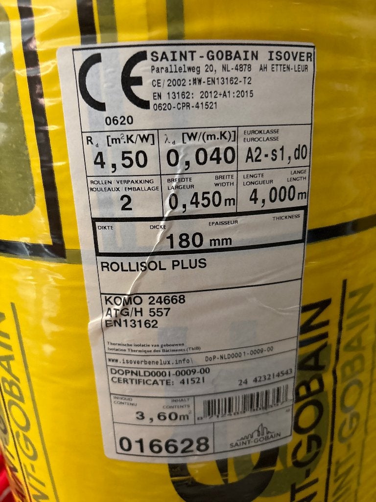 Isover Rollisol Plus 180 mm, Doe-het-zelf en Bouw, Ophalen, 12 cm of meer, Nieuw, Steenwol