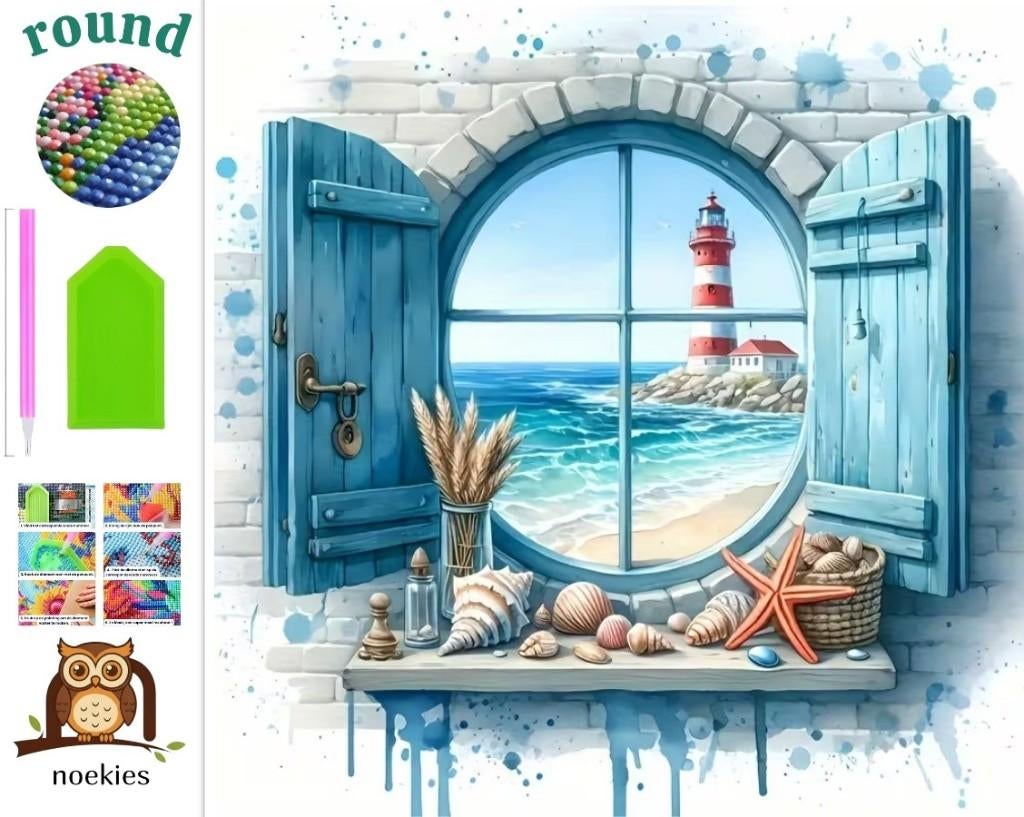 N 577 Volets de phare Diamond Painting 20x20cm (ronds), Neuf, Zee en Strand, Bleu, Autocollant