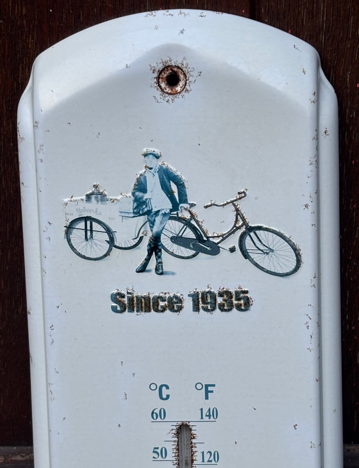 Vintage Ijsboerke thermometer, Buitenthermometer, Gebruikt, Metaal, Ophalen of Verzenden