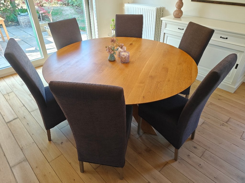 Ethnicraft ronde eettafel met stoelen, Ophalen, Gebruikt, Vijf personen of meer, Eikenhout