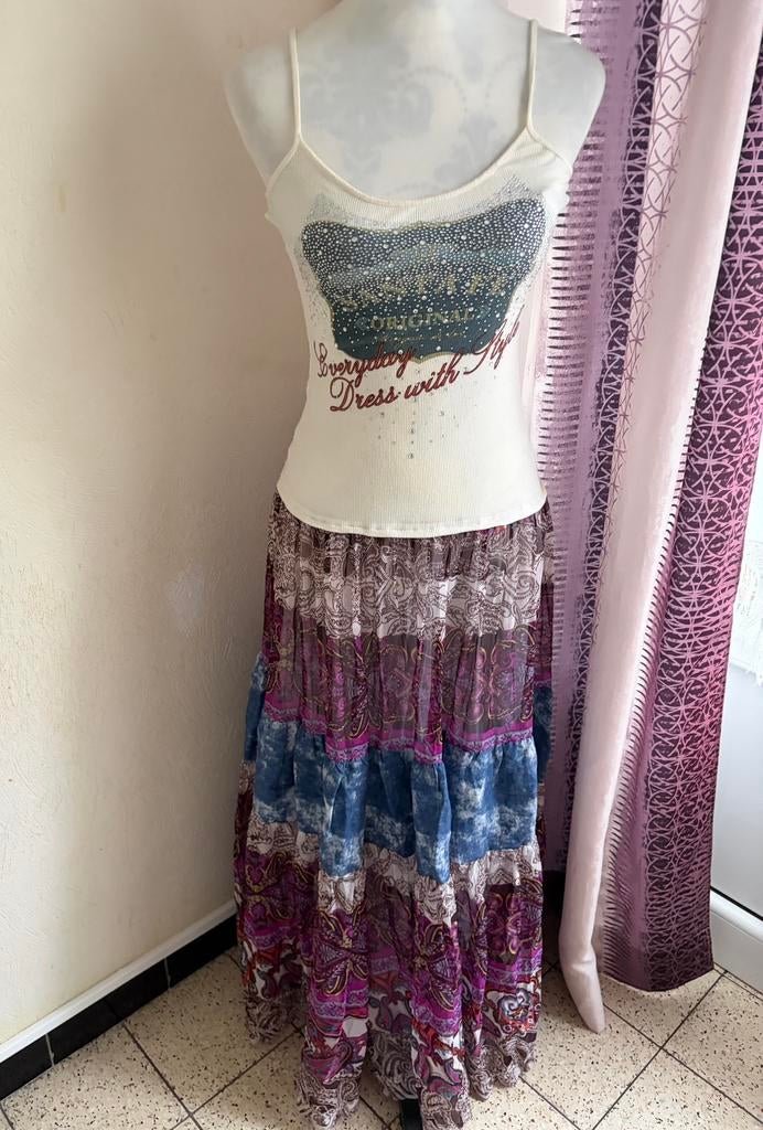 Robe longue bohème Morgane strass + volants paisley été, Enlèvement ou Envoi, Comme neuf, Blanc