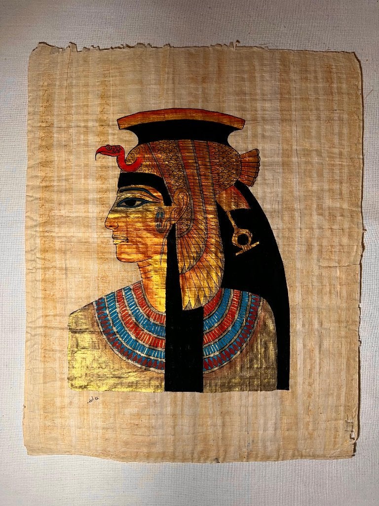 Egyptische papyrus schilderij Queen Cleopatra, Antiquités & Art, Peint à la main, Portrait ou Personnes, Enlèvement, Autres styles