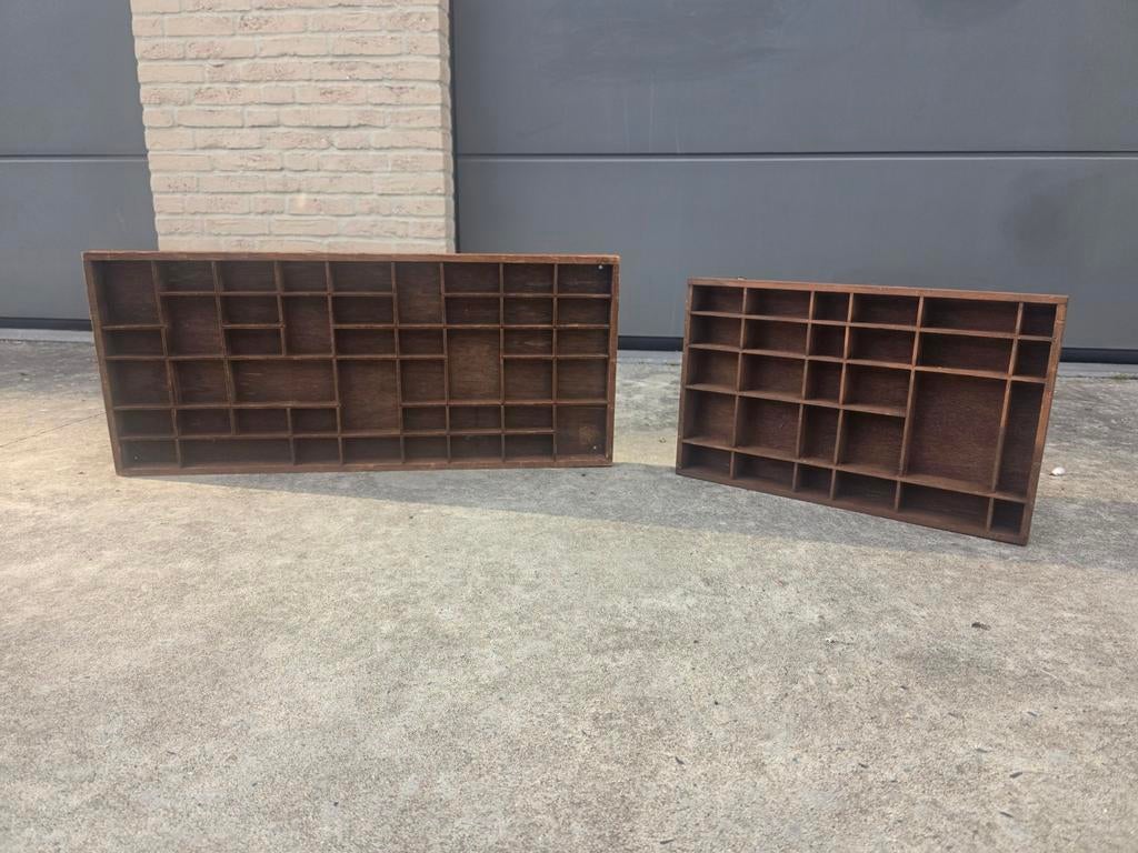 2 Vintage letterbakken houten printer trays  wanddecoratie, Industrieel, Ophalen of Verzenden, Gebruikt
