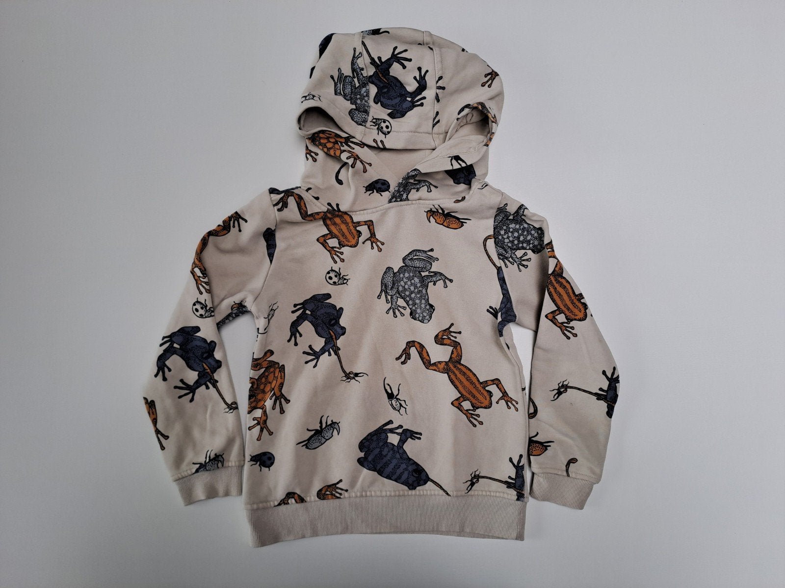 Mt 110-116 Beige hoodie met blauwe, oranje kikkers, kevers, Kinderen en Baby's, Gebruikt, Trui of Vest, Ophalen of Verzenden, Hema