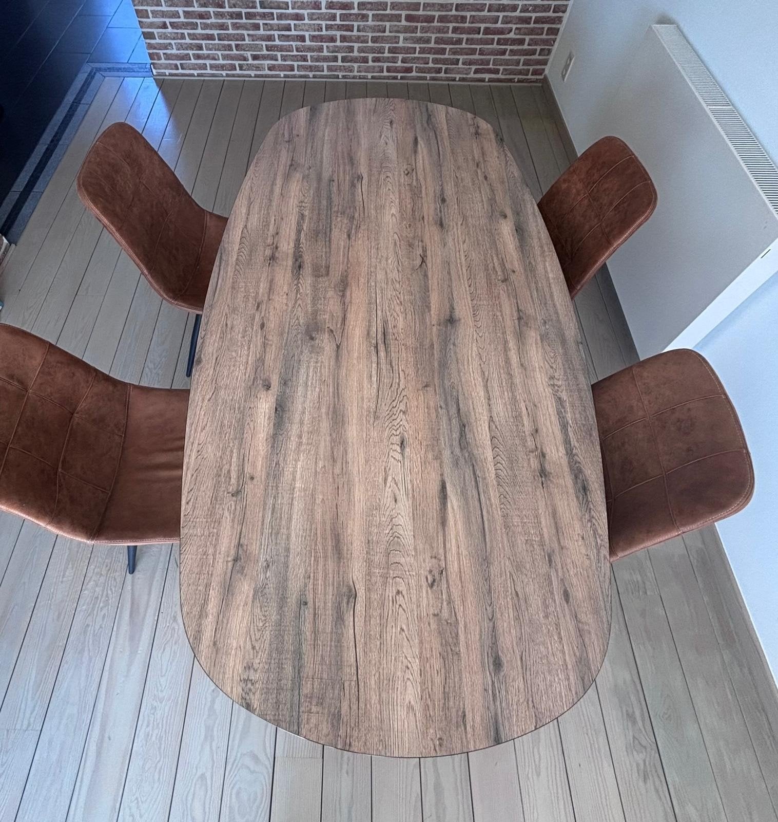 Industriële ovale eettafel (200cm) + 4 Peak stoelen Cognac (, Ophalen, Zo goed als nieuw, Industrieel modern scandinavisch, 4 tot 6 stoelen
