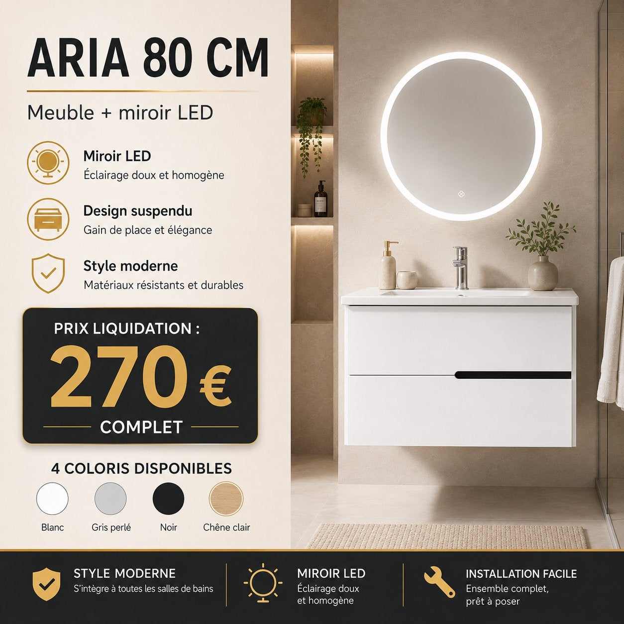 LIQUIDATION – Meuble de salle de bain ARIA 80 cm, Bricolage & Construction, Sanitaire, Neuf, Lavabo, Enlèvement