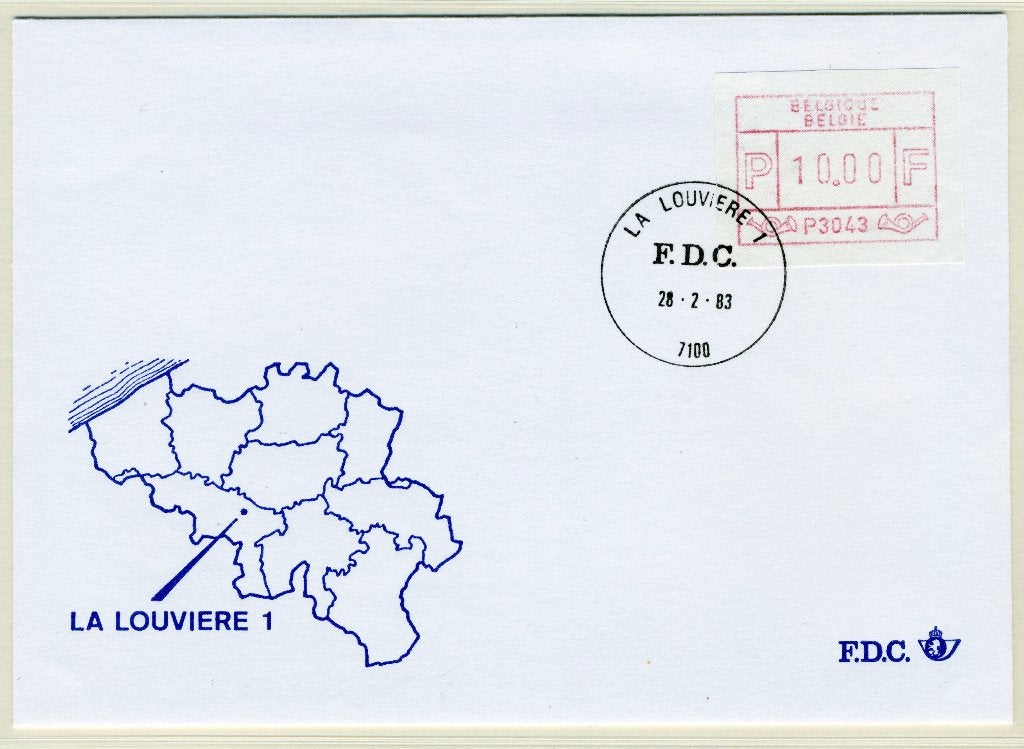 (B) Enveloppe ATM43 FDC 1983 - La Louvière 1 (P3043), Envoi, Affranchi, Oblitération 1er jour