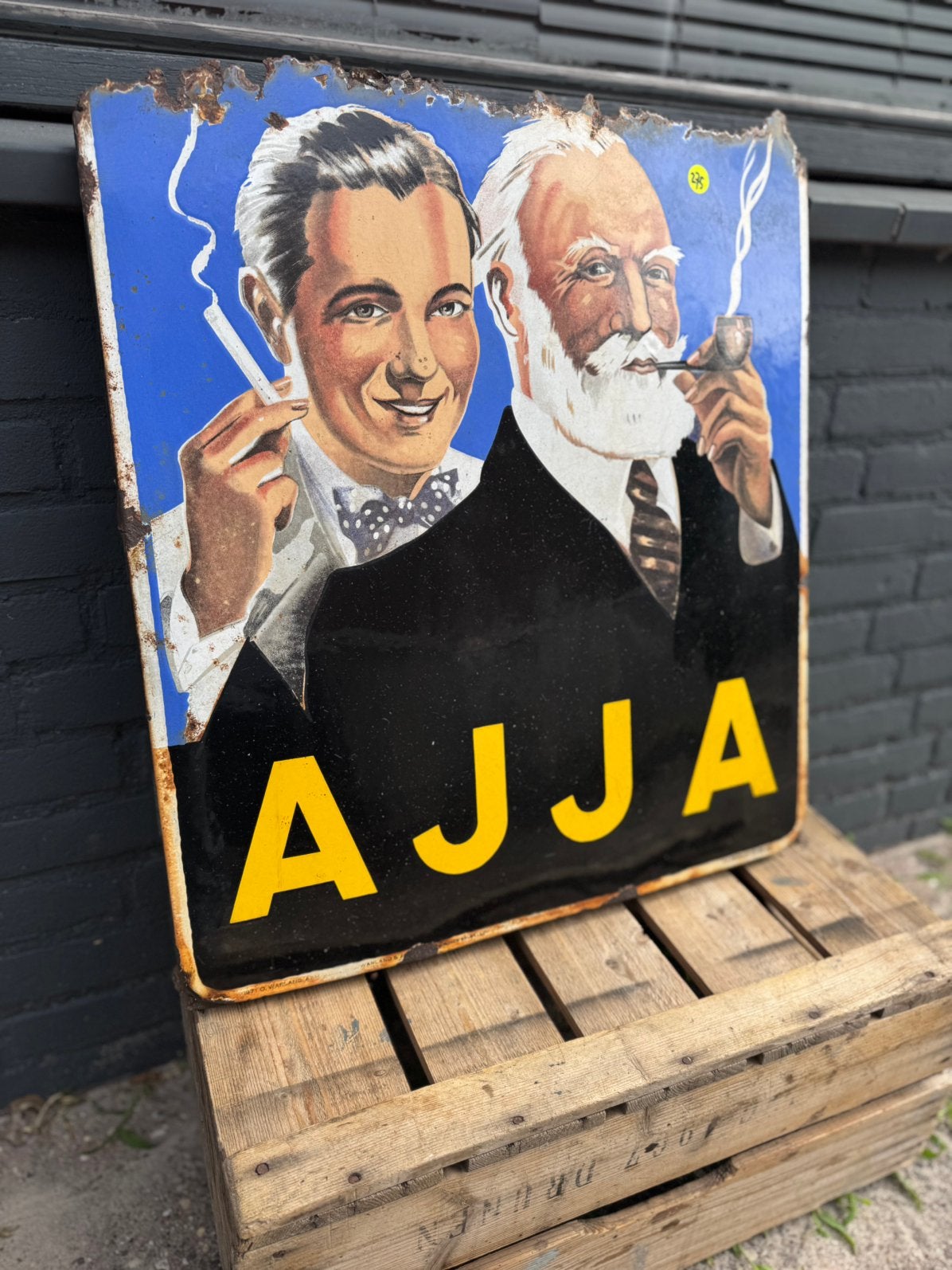 AJJA emaille reclamebord jaren 50, Verzamelen, Ophalen of Verzenden, Gebruikt, Reclamebord