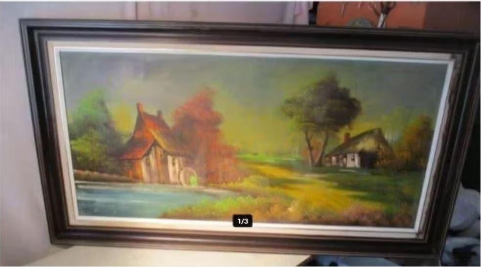Mooi Geschilderd Werk 'Hoeve met watermolen' - 115x65, Antiek en Kunst, Ophalen of Verzenden