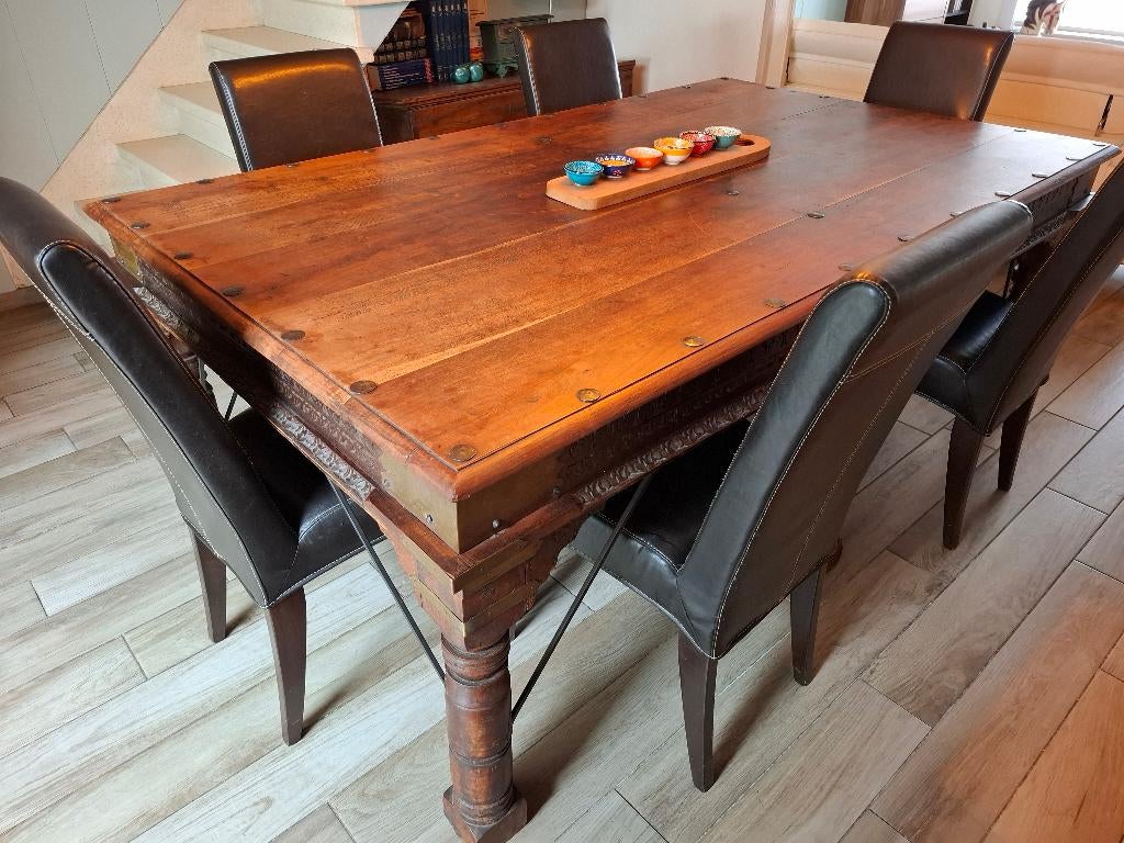 Table et 6 chaises en bois massif, Maison & Meubles, 100 à 150 cm, Enlèvement, Utilisé, Rectangulaire