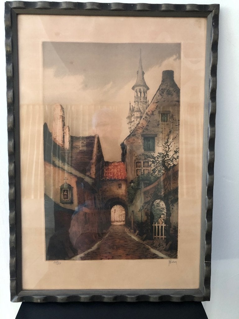 Ets of Litho "European Street Scene" van Jef CODRON, Antiek en Kunst, Ophalen, Achter glas, Tekening, Vintage