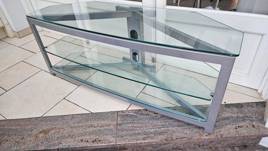 TV-tafel met glas en metalen frame, 75 cm of meer, Modern, Rechthoekig, Ophalen