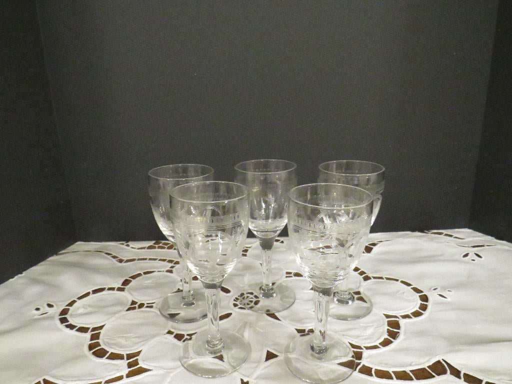 5 antieke gegraveerde glazen, Ophalen of Verzenden