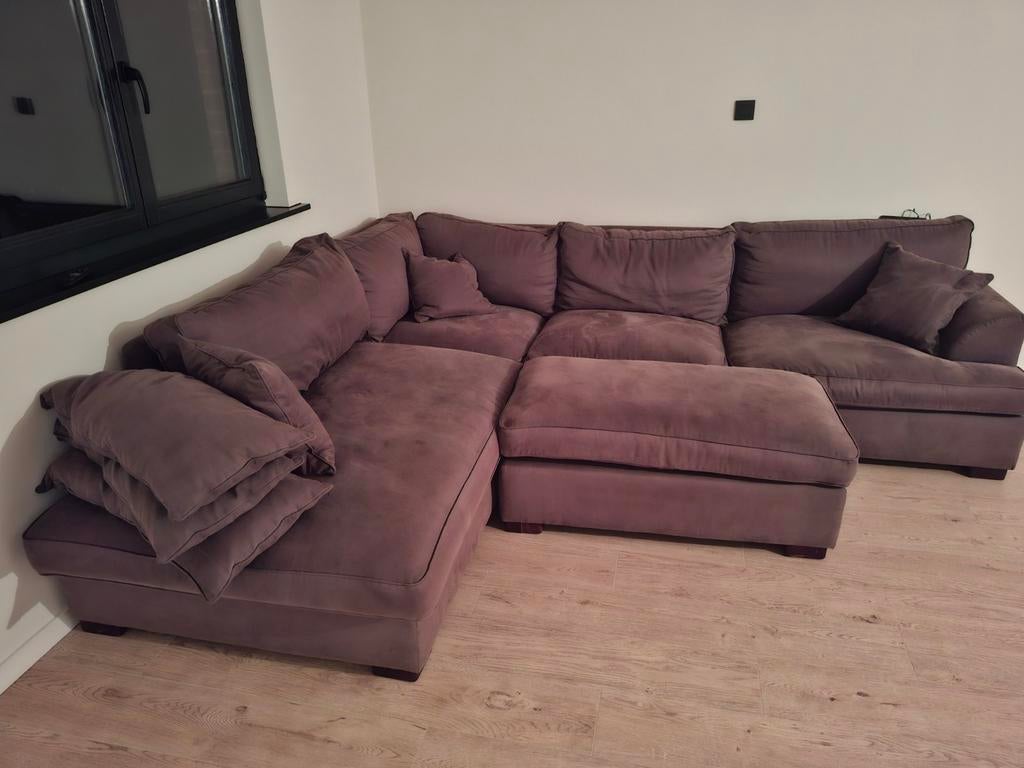 Grande chaise d'angle en tissu marron avec pouf, Enlèvement