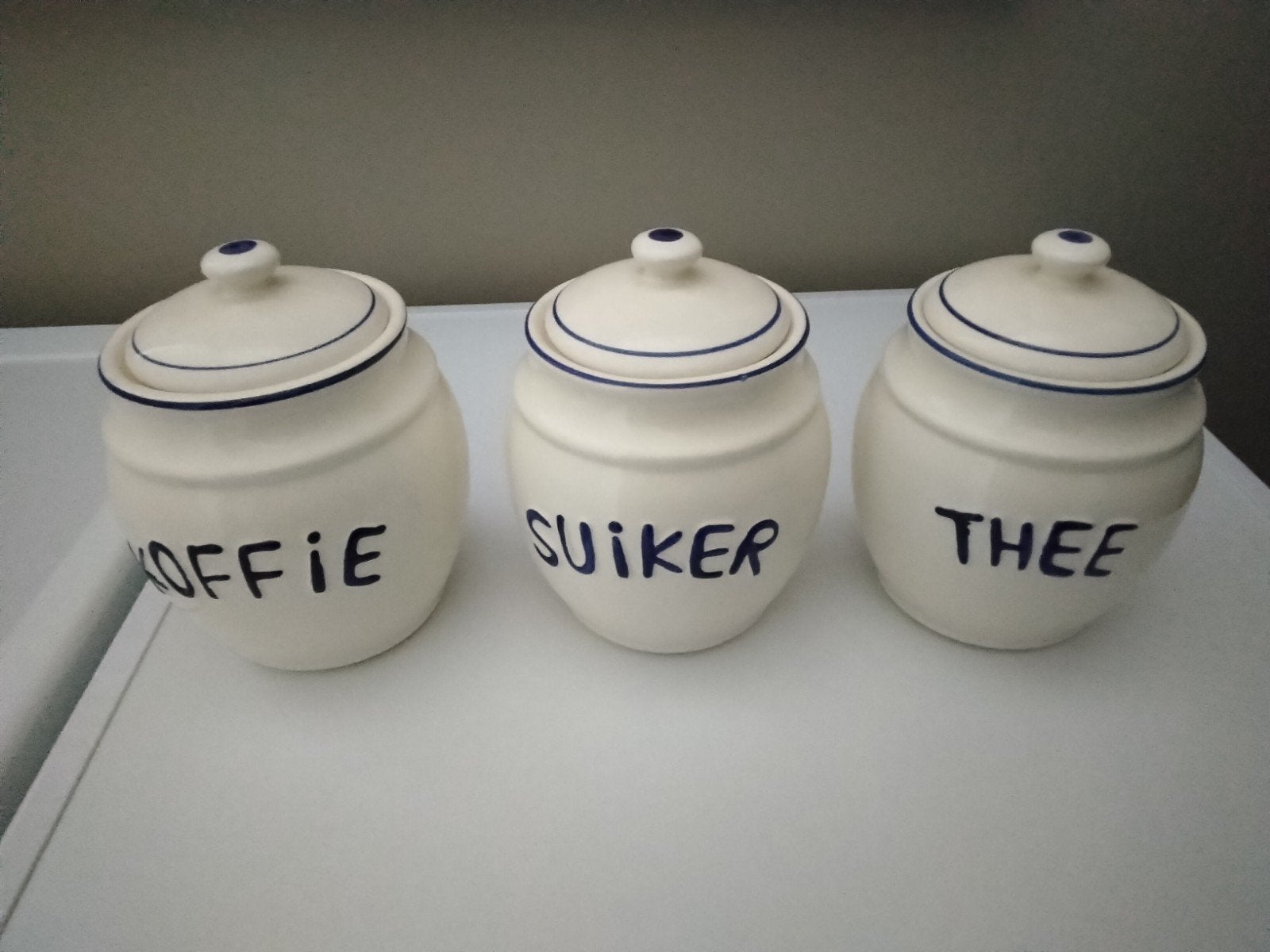 3 voorraadpotten - blauw ecru - nieuwstaat, Huis en Inrichting, Ophalen
