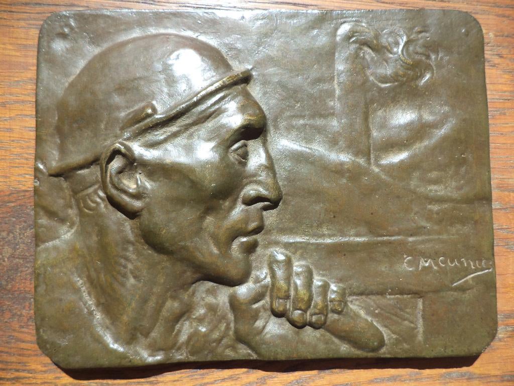 antiek bronzen reliëf Constantin Meunier mijnwerker profiel, Antiek en Kunst, Ophalen of Verzenden