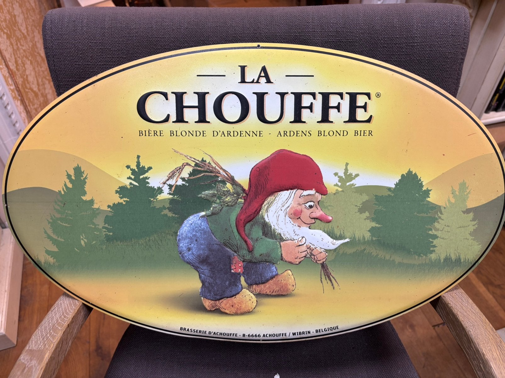 Metalen bord La Chouffe, Ophalen, Zo goed als nieuw, Reclamebord, Plaat of Schild, Overige merken