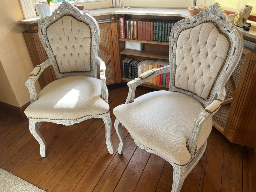 Paire de chaises style Louis XVI patine blanc / lin, Maison & Meubles, Louis XVI, Deux, Enlèvement, Utilisé