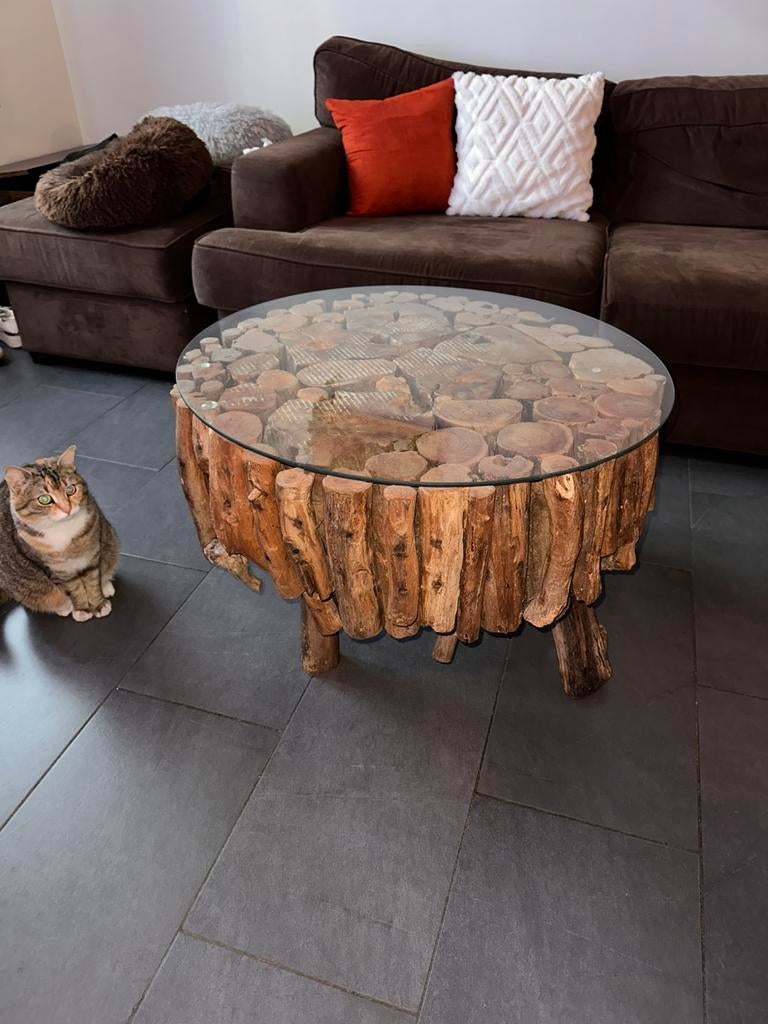 Table de salon bois massif et verre pièce unique, Enlèvement ou Envoi, Comme neuf, Verre