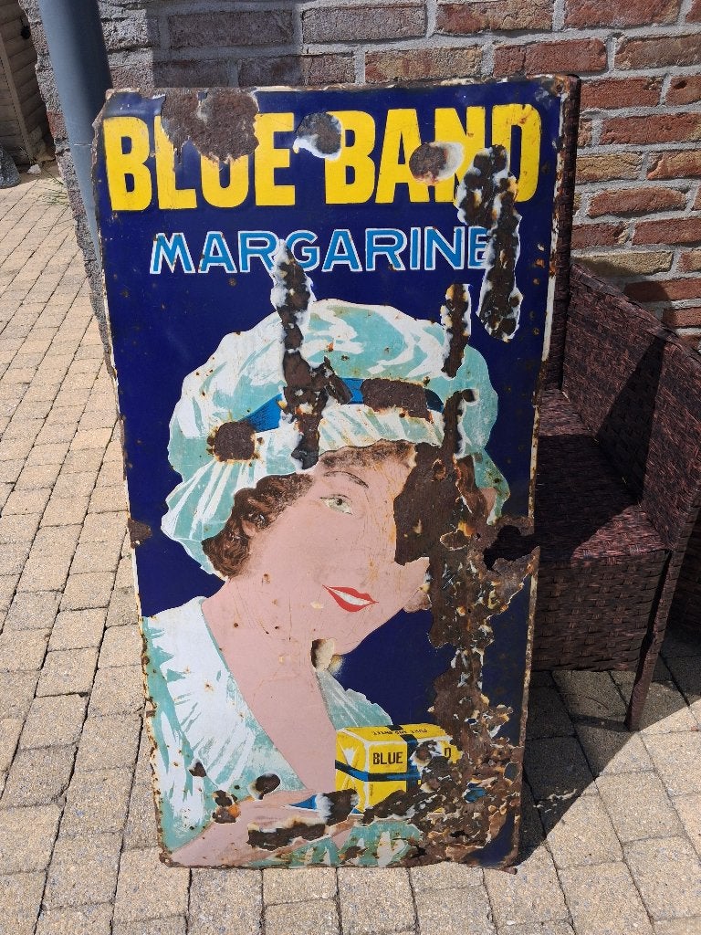 emaille gebormbeerd  BLUE BAND MARGARINE, Verzamelen, Ophalen, Gebruikt, Reclamebord