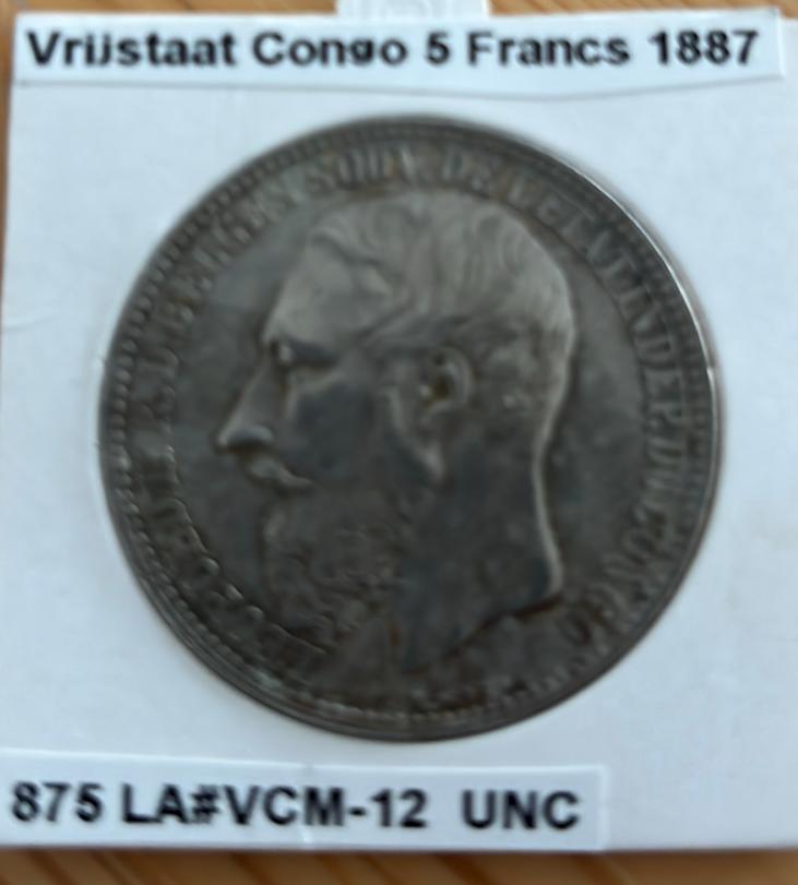 5Francs argent Congo Belge 1887, Ophalen of Verzenden, Zilver, Zilver