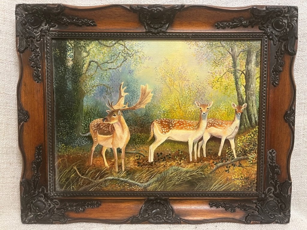 Olieverfschilderi met hertjes, Ophalen of Verzenden, Gesigneerd, Olieverf, Dieren
