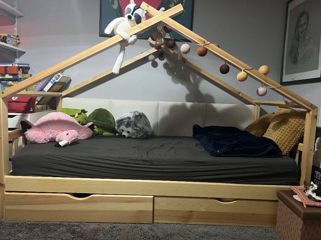 HOUTEN KINDERBED HUISJE 90 X 200 ZO GOED ALS NIEUW!!, 85 tot 100 cm, Zo goed als nieuw, 180 cm of meer, Ophalen