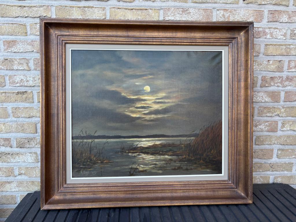 Schilderij met maanlicht over de waterplas - gesigneerd, Ophalen of Verzenden