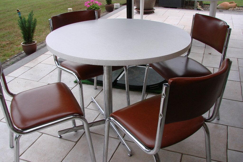vintage: ronde tafel en 4 stoelen chroom, Ophalen, Gebruikt, Rond, Vintge chroom